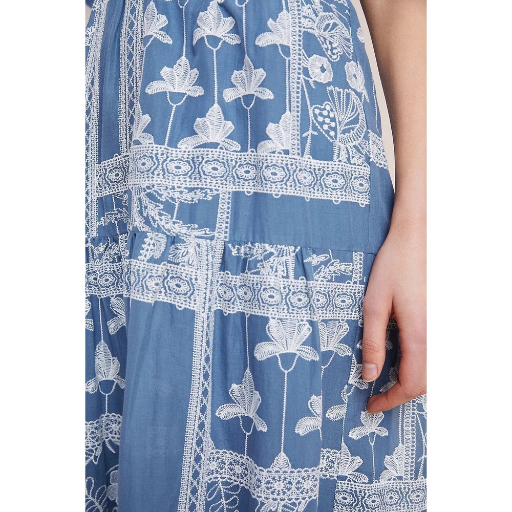 Maeve Anthropologie Ariadne Blue Embroidered Maxi Skirt  Chambray Tiered Medium - Picture 3 of 16